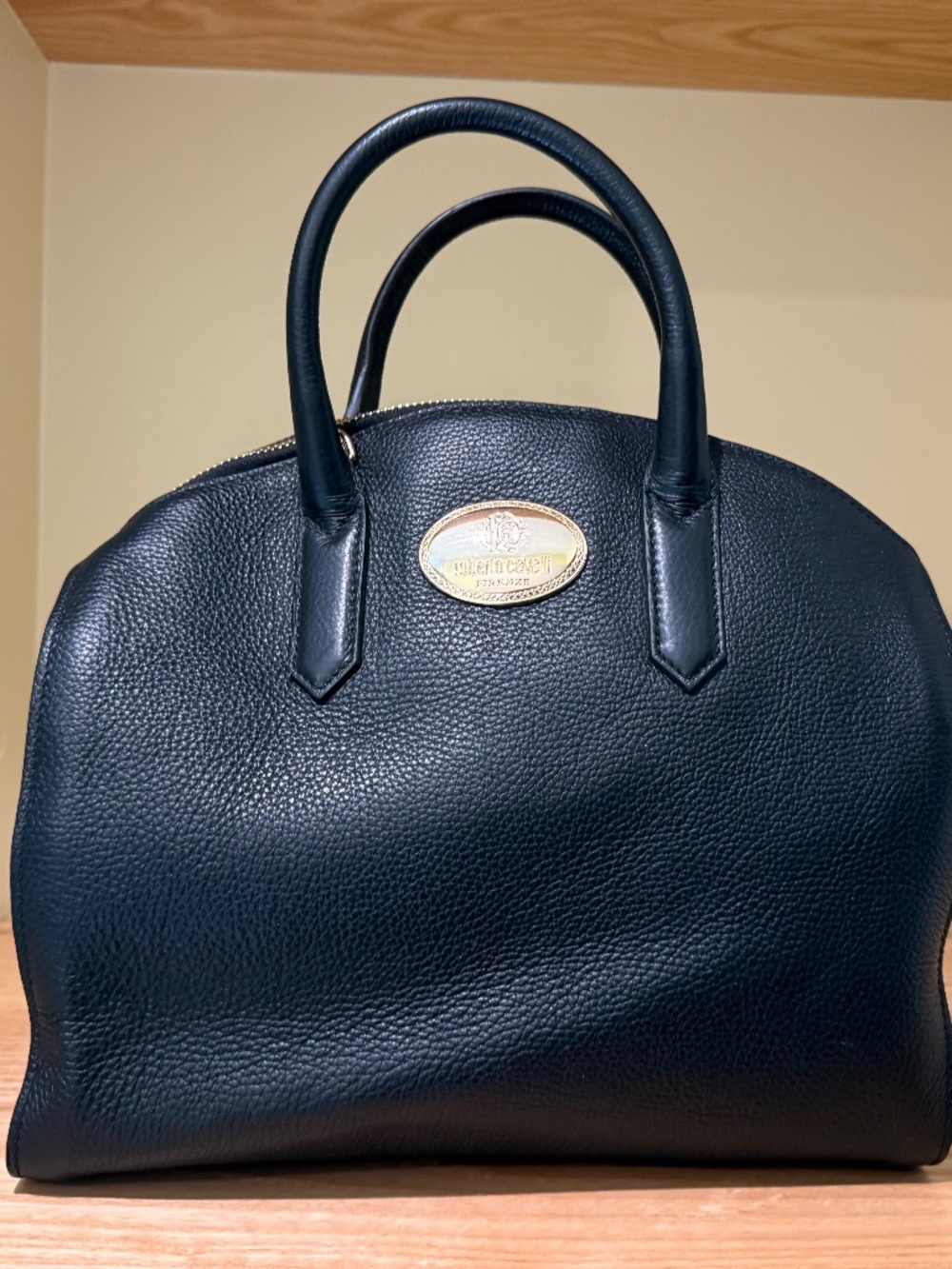 Roberto Cavalli Vitello Stampa Dollaro Black Pebbled Leather Satchel